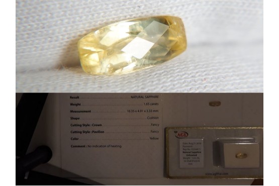 1.65 ct Yellow Sapphire - Unheated - AGL Certified - Cushion Cut - Premium